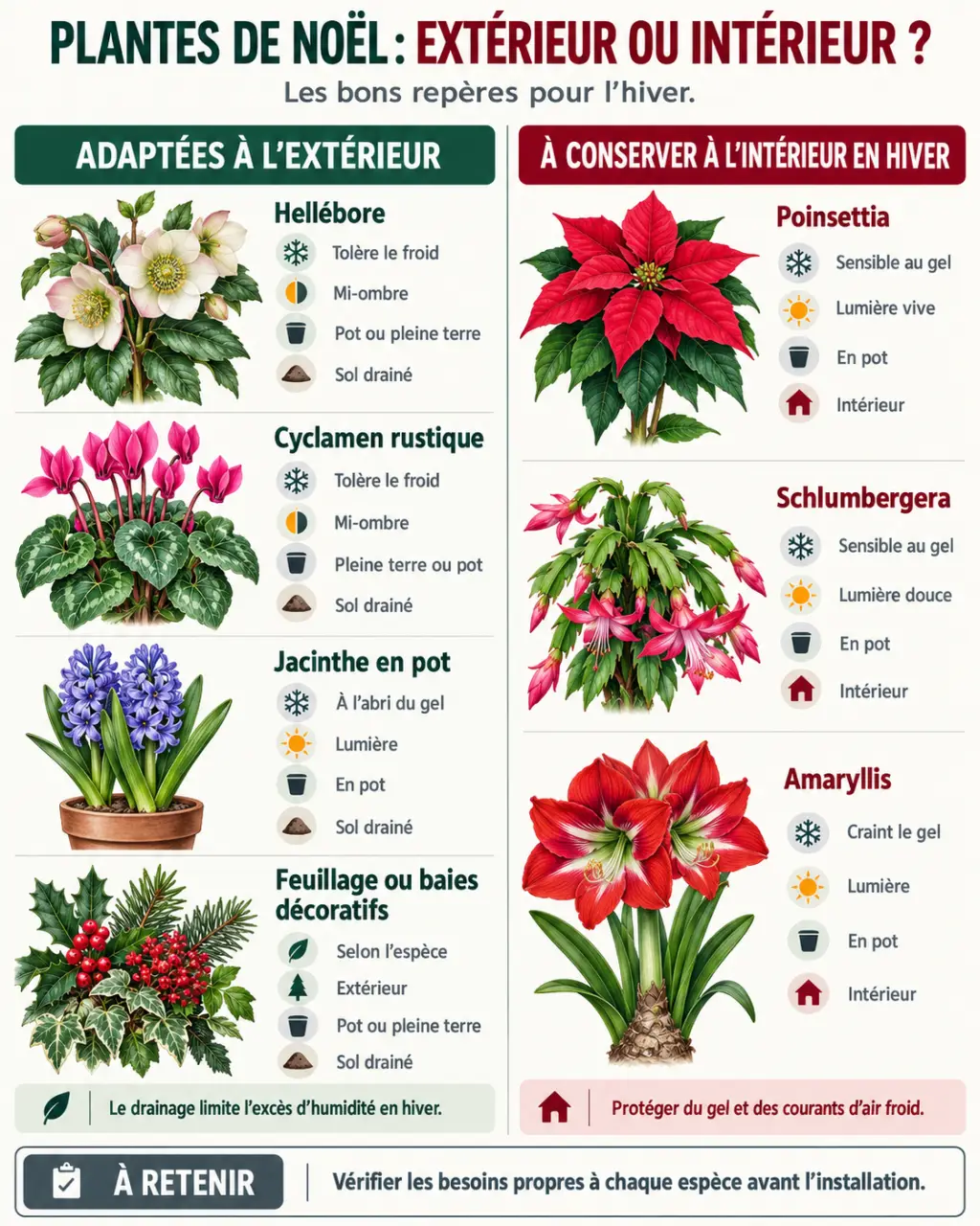 Infographie comparative des plantes de Noël extérieur résistantes au froid et des plantes à garder à l’intérieur