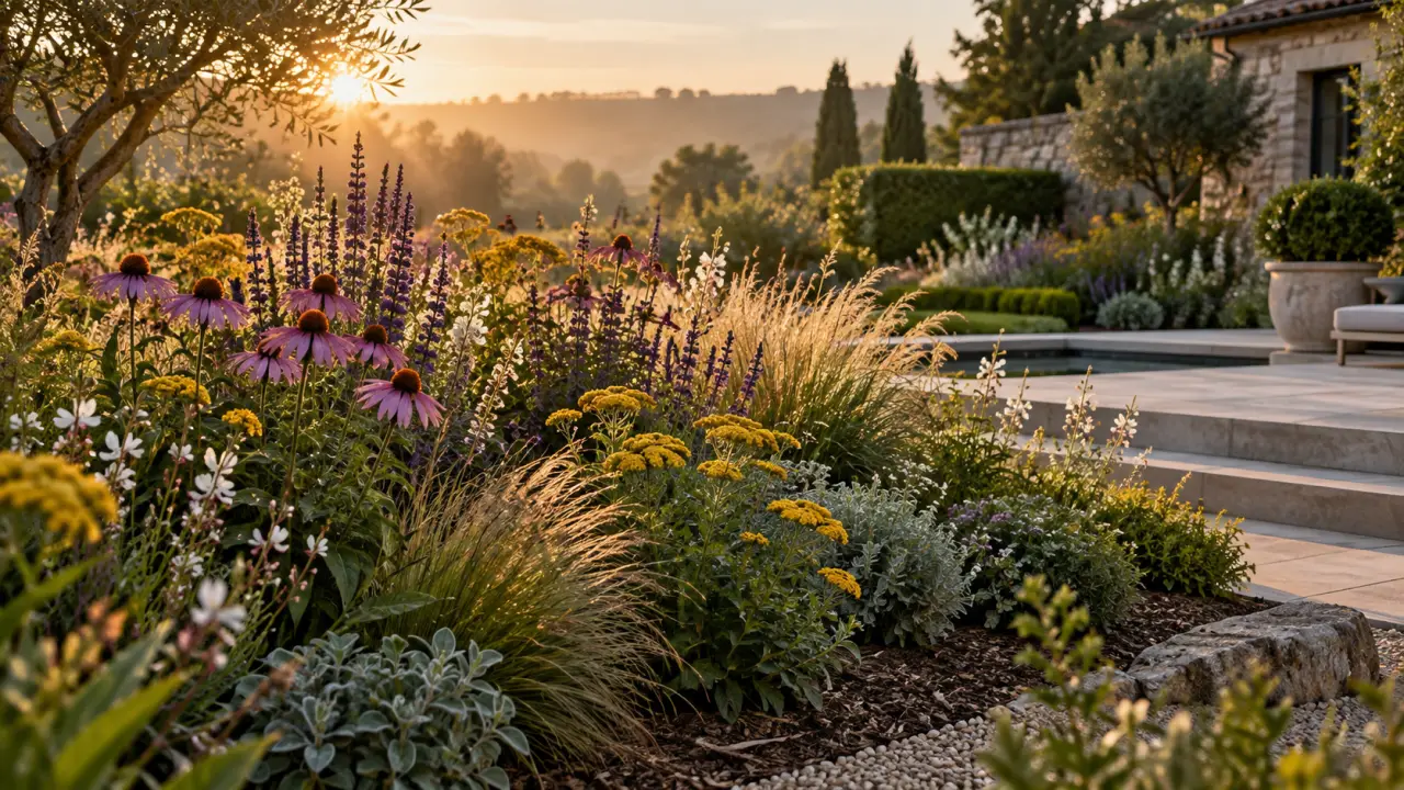 Massif fleuri baigné de lumière dans un jardin élégant