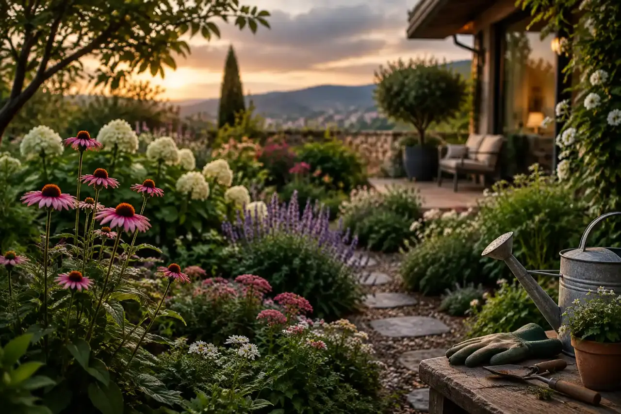 Jardin fleuri et élégant aménagé avec des plantes de saison
