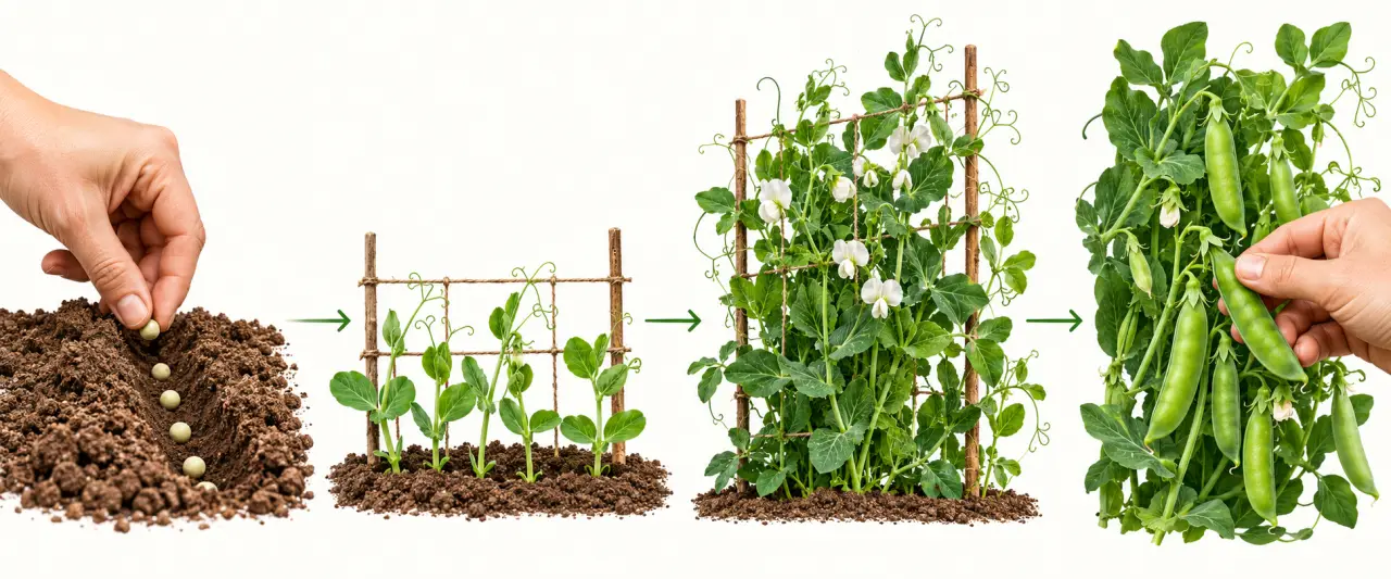Étapes de culture des petits pois au jardin, du semis à la récolte
