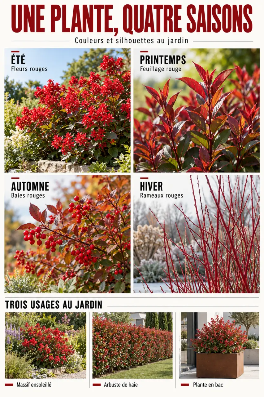Infographie sur une plante fleur rouge extérieur et les intérêts décoratifs rouges selon les saisons