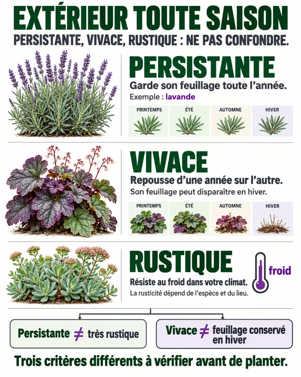 Infographie pour choisir une plante extérieur toute saison : persistante, vivace ou rustique