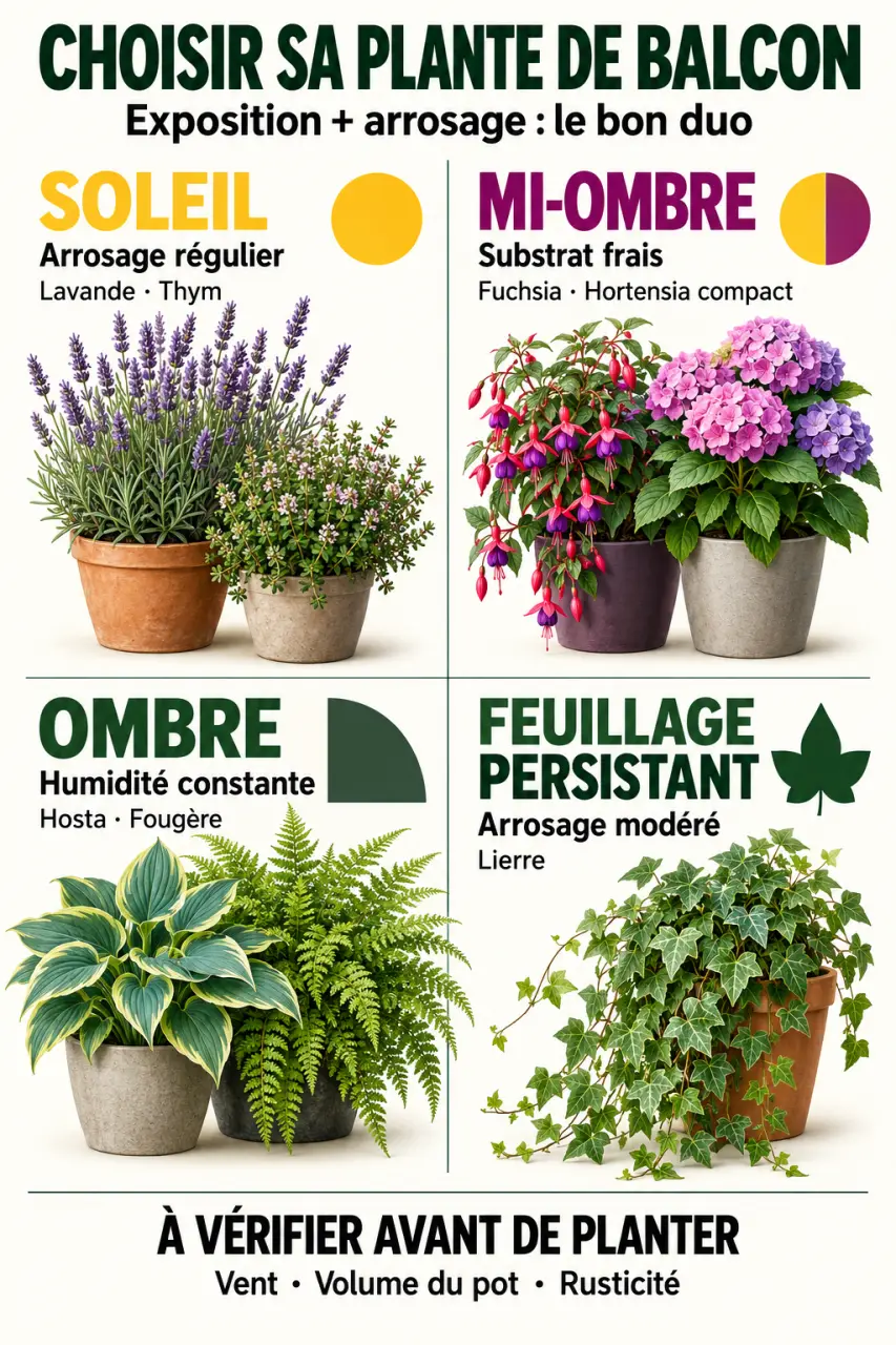 Infographie pour choisir une plante extérieur balcon selon l’exposition, l’arrosage et le vent