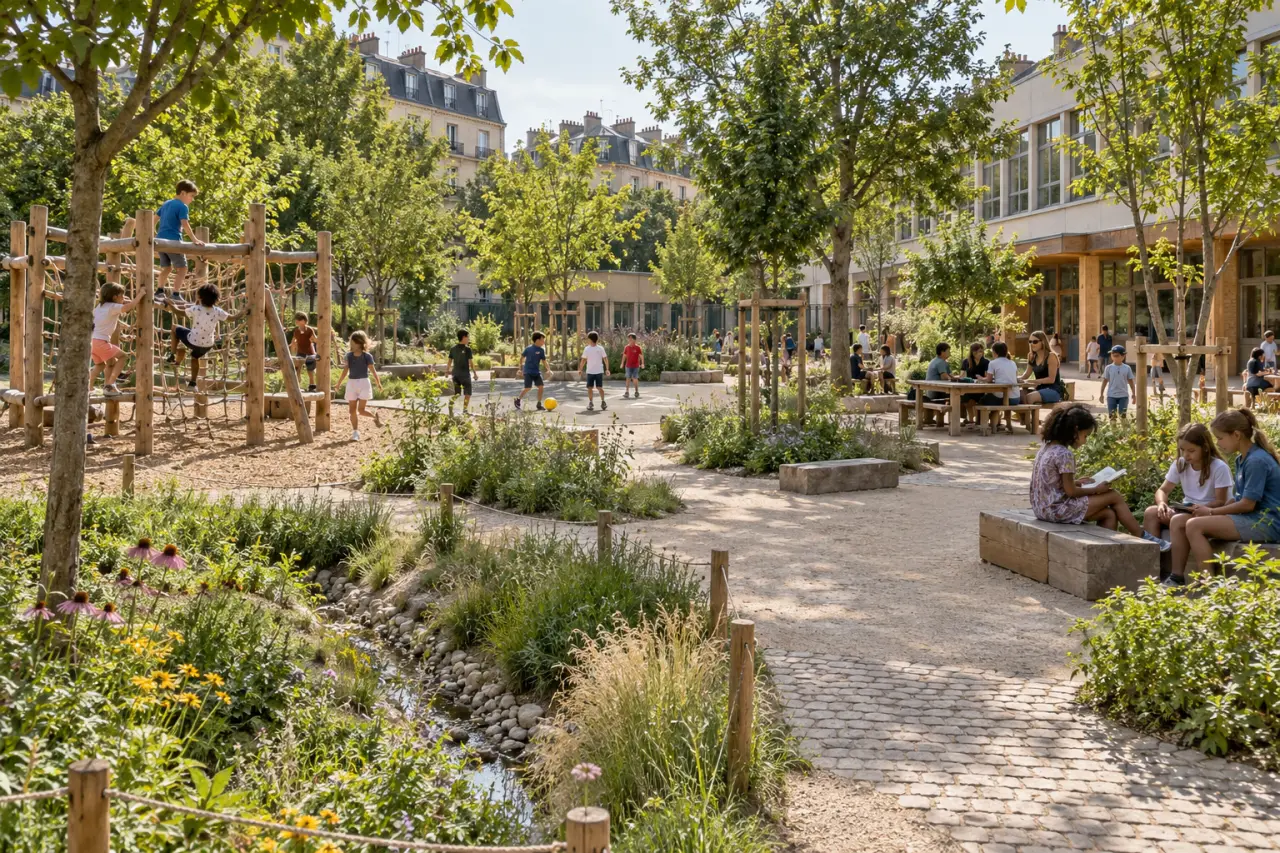 Une cour végétalisée rafraîchit les sols et diversifie les usages, sans sacrifier les jeux