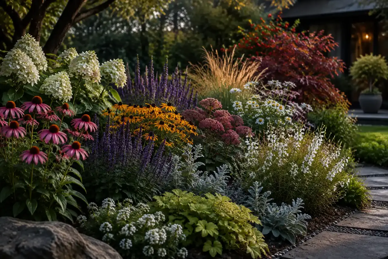 Massif fleuri composé de plantes vivaces et d'arbustes au fil des saisons