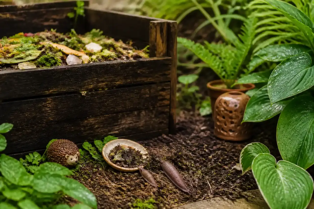 Cloche en verre protégeant une jeune pousse au milieu d'un compost riche et sombre, éclairé par la lumière du matin