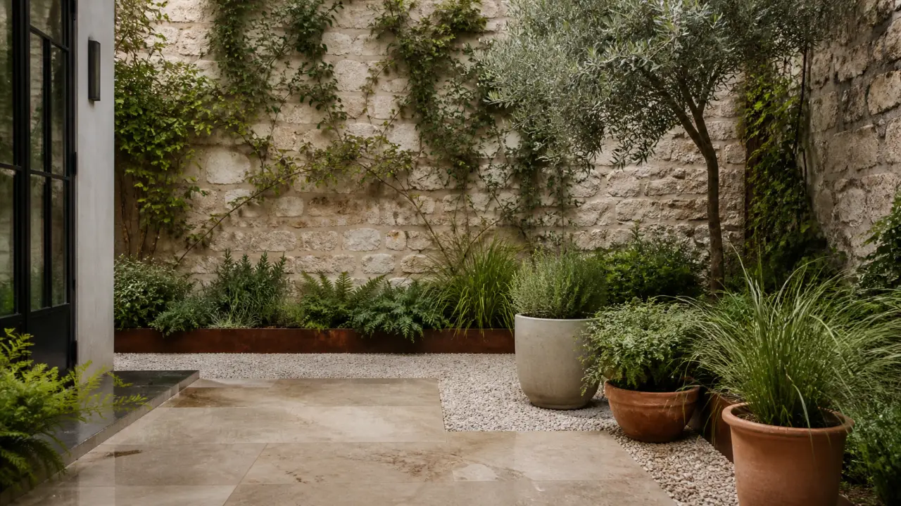 Patio minéral chic végétalisé avec des pots élégants, des graminées et une ambiance douce et sophistiquée