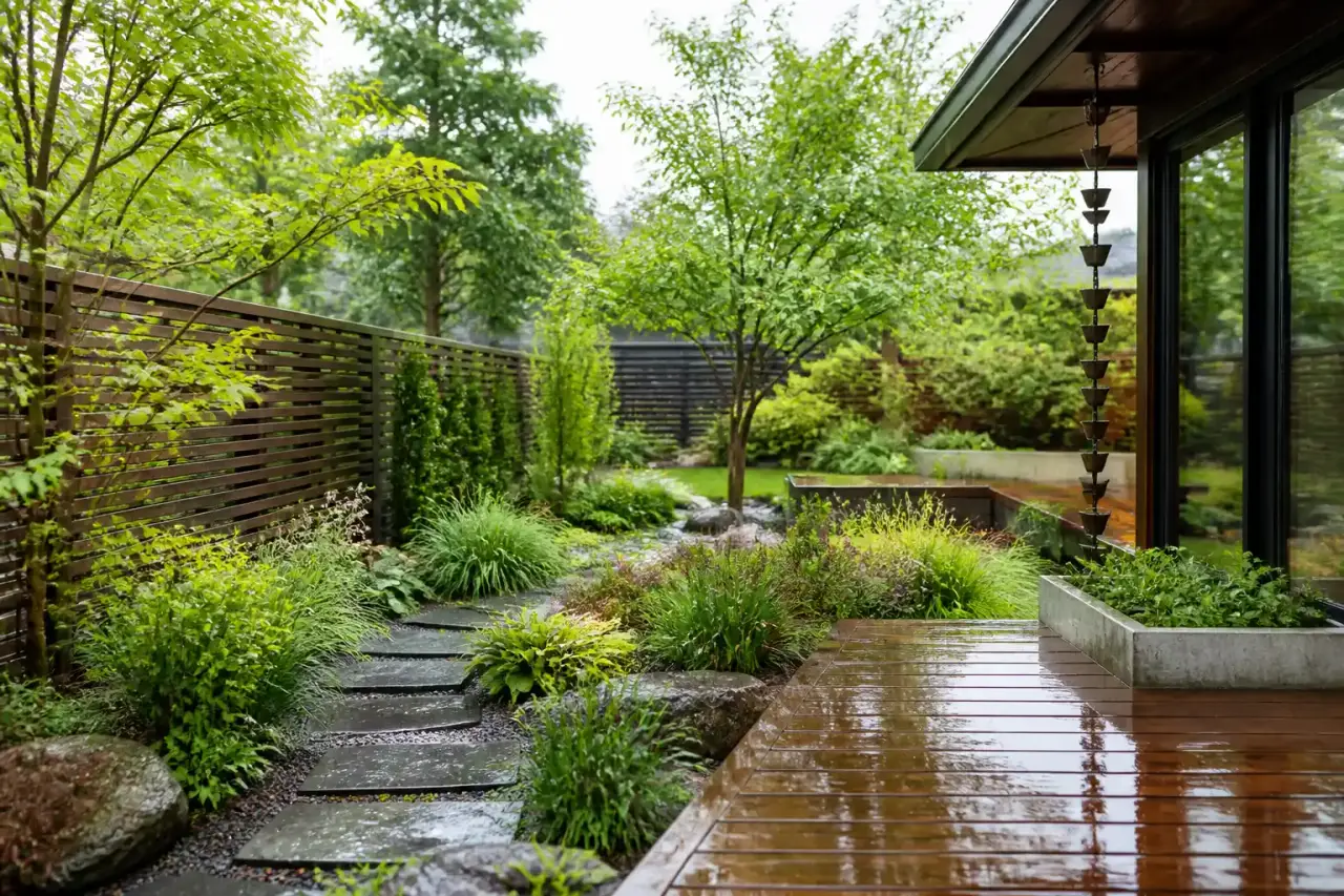 Jardin luxuriant après la pluie avec massifs humides, feuillages brillants et allée perméable