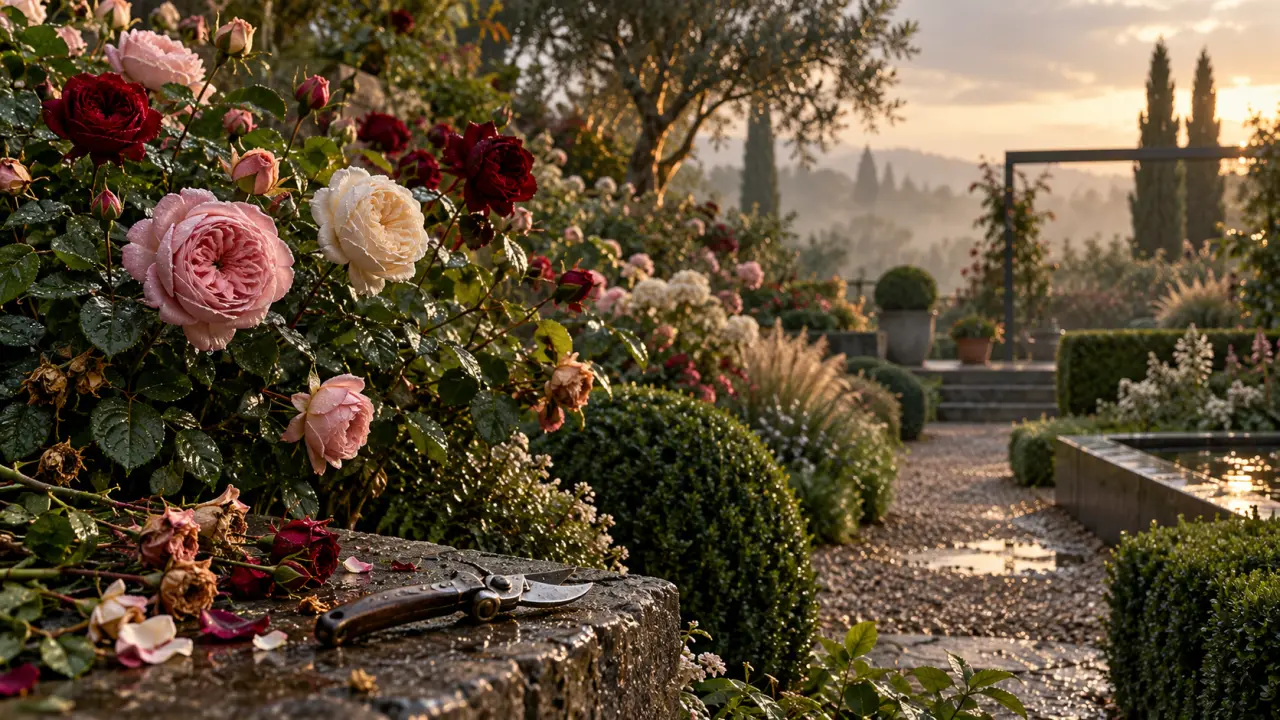 Rosier remontant en fleurs dans un jardin lumineux et soigneusement aménagé