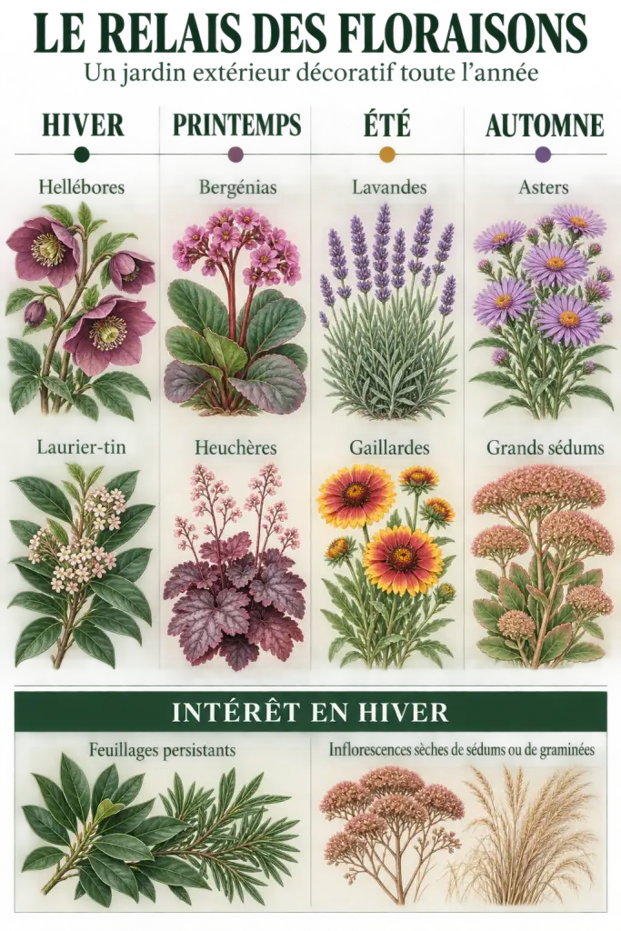 Calendrier des floraisons d'une plante extérieur toute saison, de l'hiver à l'automne