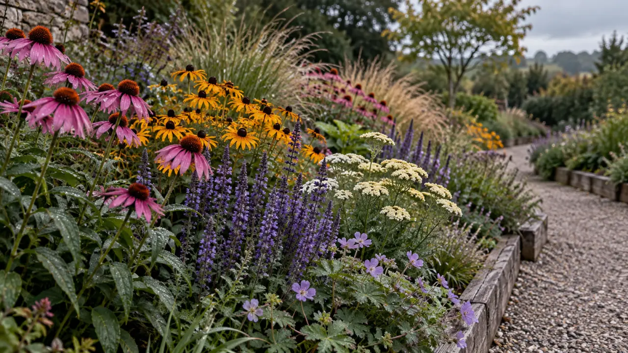 Massif fleuri composé de vivaces dans un jardin naturel et élégant