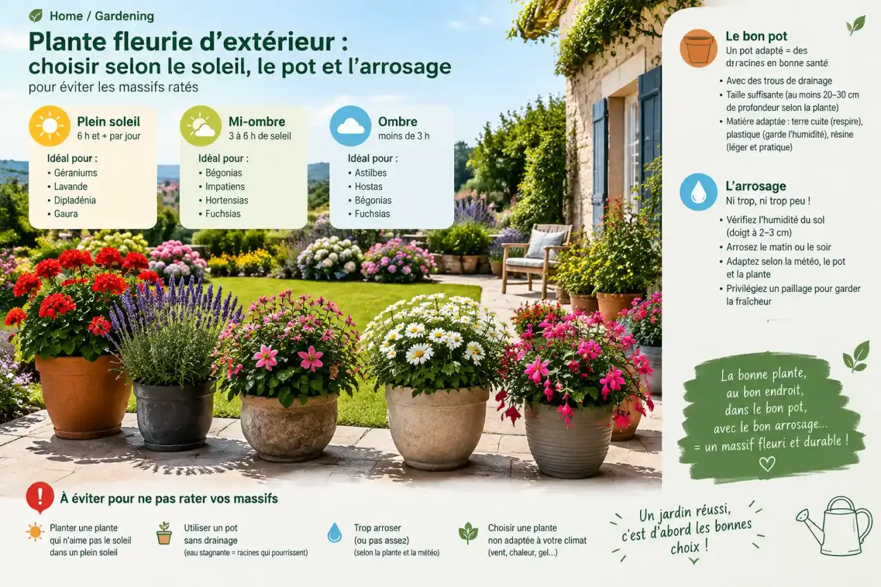Plante fleurie d'extérieur : choisir selon le soleil, le pot et l'arrosage pour éviter les massifs ratés