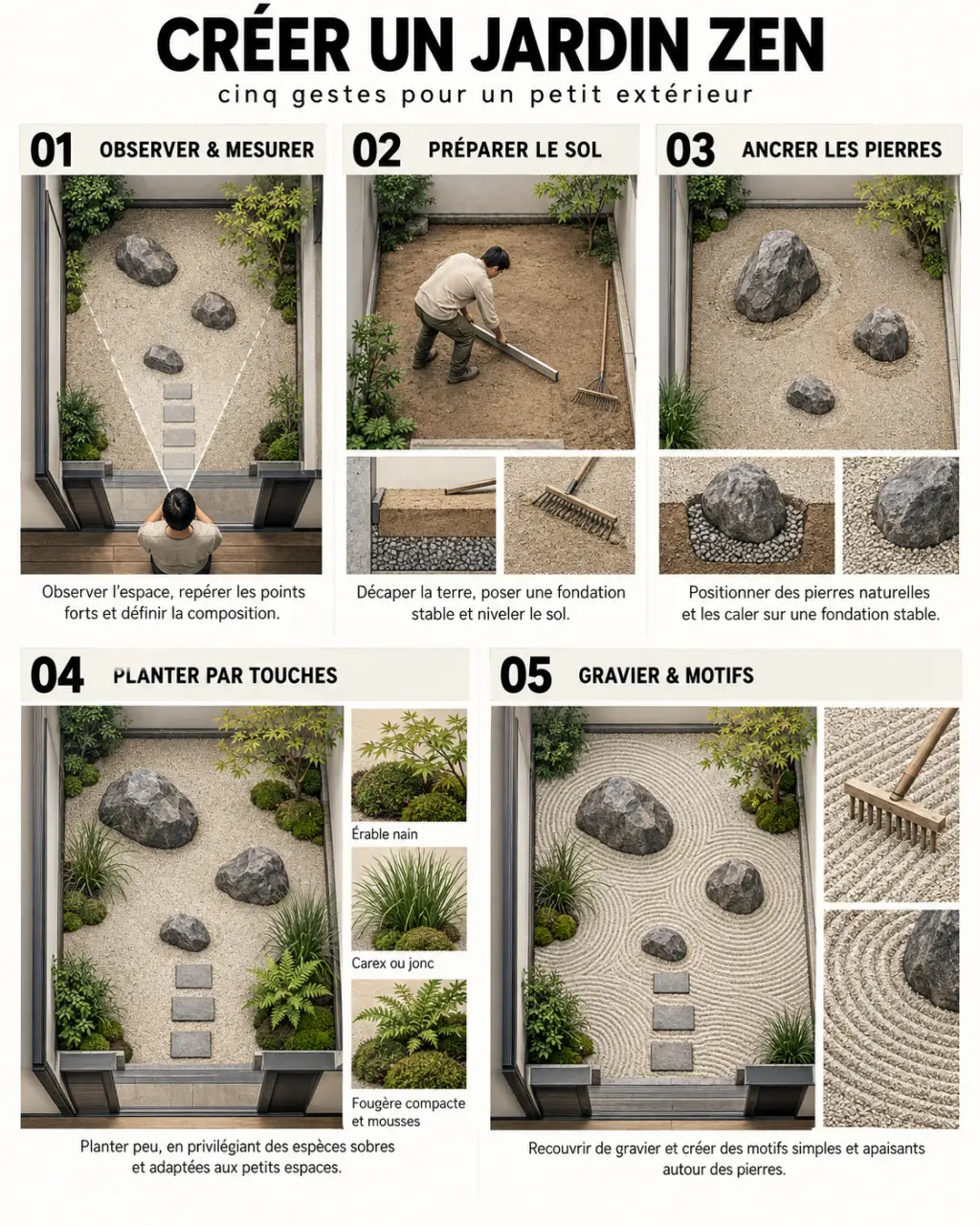 Étapes illustrées pour faire un jardin zen avec pierres, gravier et plantes