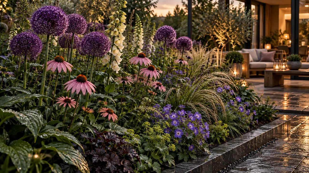 Massif fleuri harmonieux associant vivaces et plantes saisonnières dans un jardin