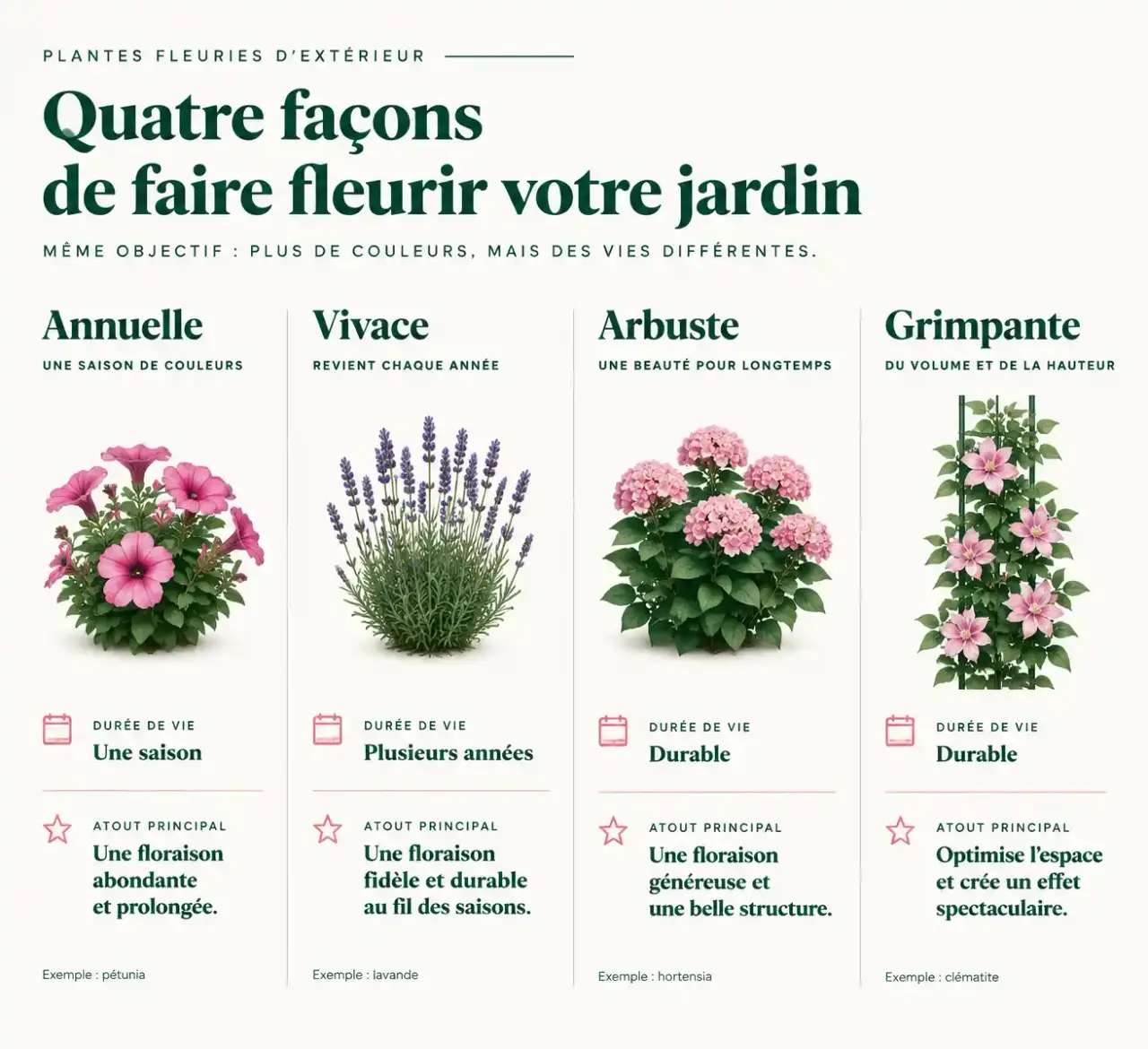 Infographie sur la plante fleurie d'extérieur : différences entre annuelle, vivace, arbuste et grimpante