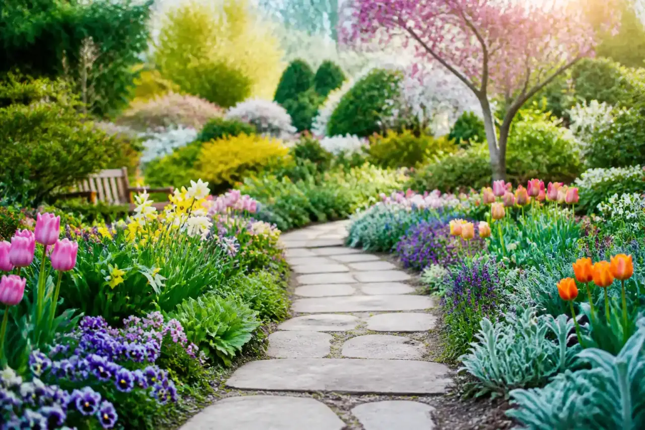 Jardin fleuri structuré par saisons avec allée simple et massifs élégants
