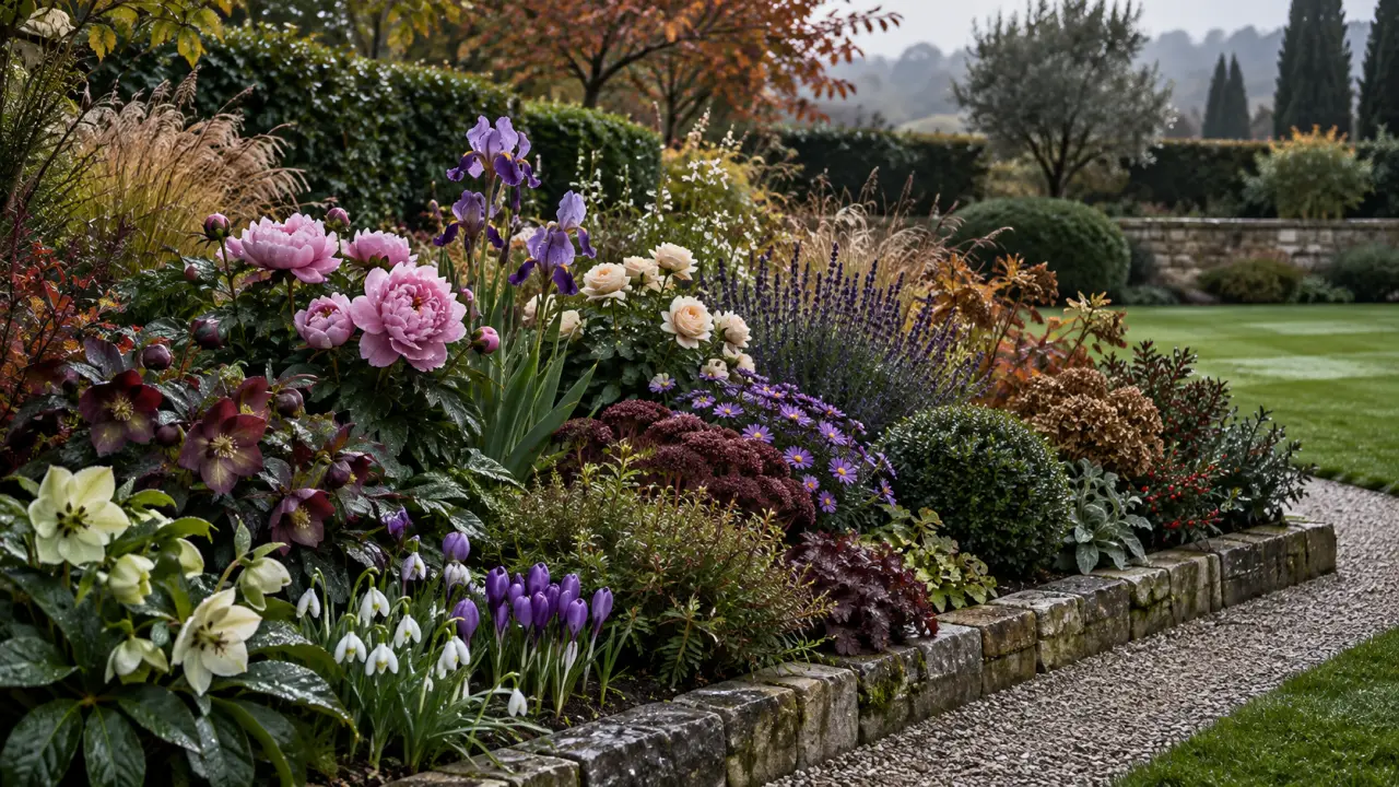 Massif fleuri élégant composé de plantes vivaces et arbustes au fil des saisons