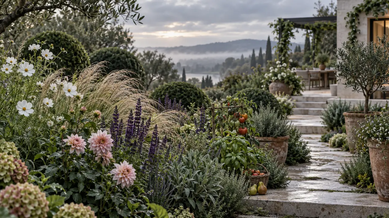 Jardin luxuriant où fleurs, feuillages et légumes composent un paysage vivant