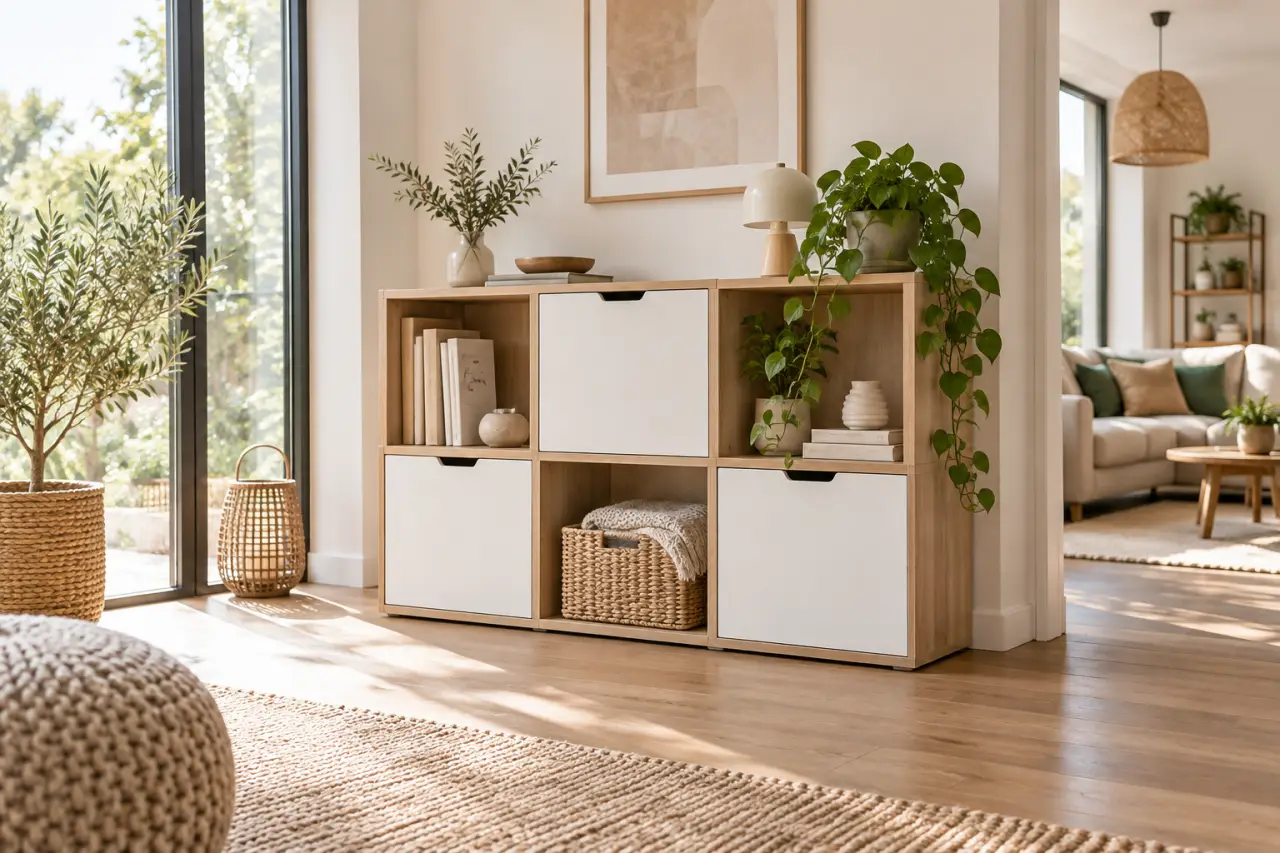 Meuble casier de rangement : 6 cases ouvertes ou fermées pour organiser chaque objet