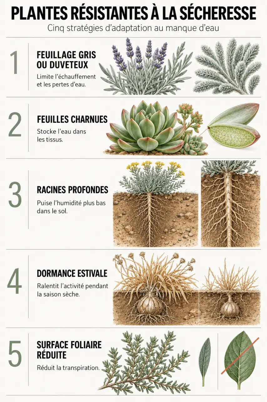Infographie sur les plantes résistantes à la sécheresse et leurs adaptations au manque d’eau