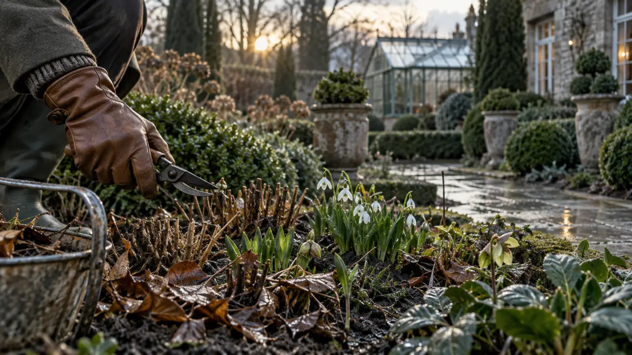 Cloche en verre protégeant une jeune fougère dans un jardin à la fin de l’hiver