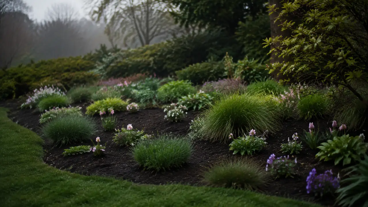 Massif fleuri composé de vivaces et de fleurs saisonnières dans un jardin élégant