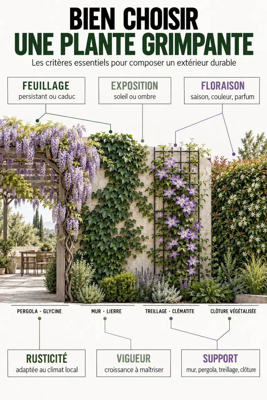 Choisir des plantes extérieures grimpantes selon le feuillage, l’exposition et le support