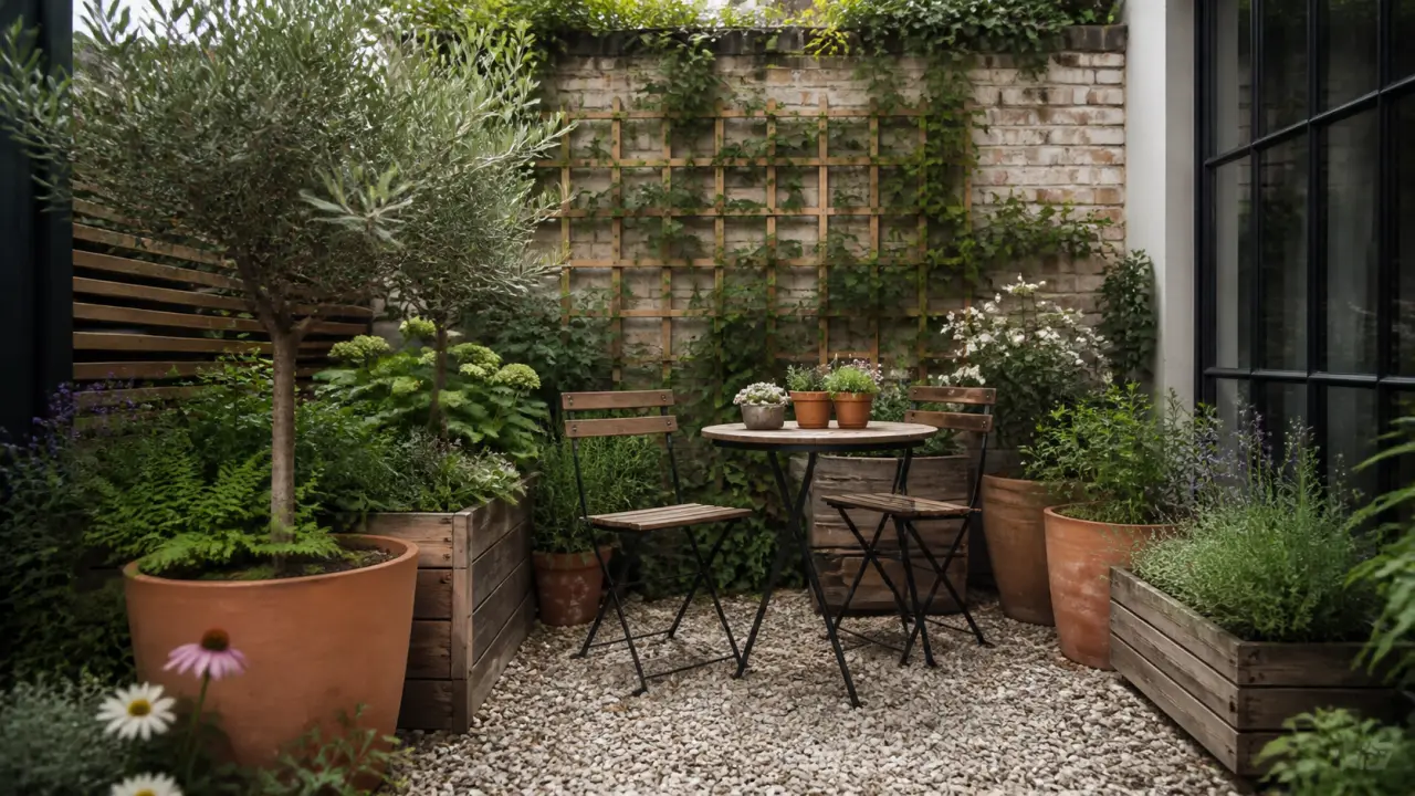 Patio élégant végétalisé avec des plantes en pot et une ambiance raffinée