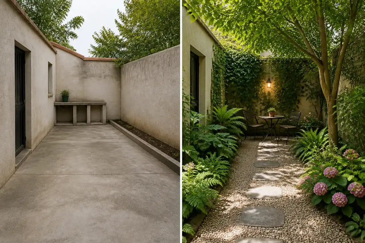 Avant/après d’une cour transformée en jardin d’ombre, avec fougères, mousse et cloche en verre