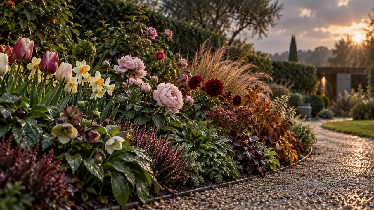 Bordure fleurie élégante composée de plantes vivaces et arbustes au fil des saisons