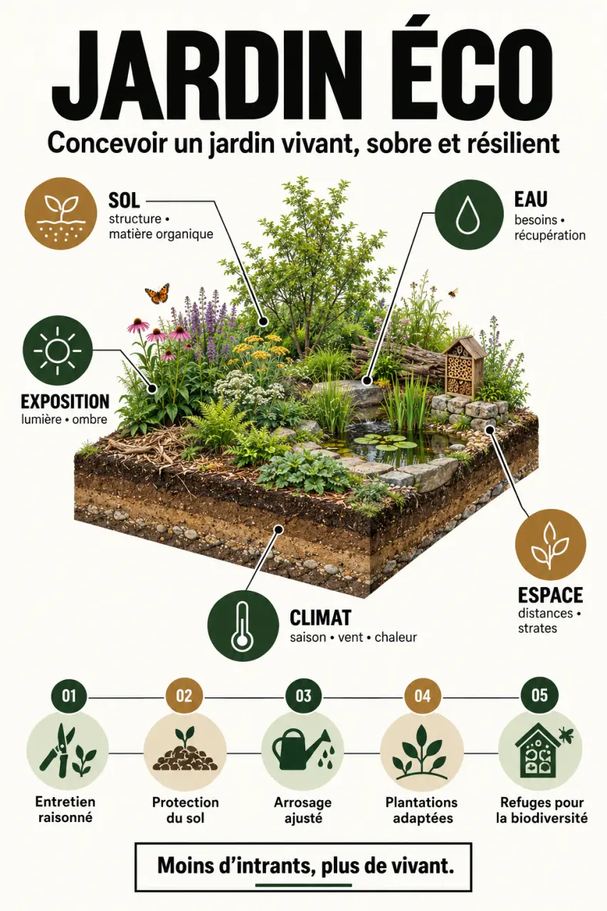 Jardin eco : infographie des cinq facteurs et des étapes d’une conversion écologique